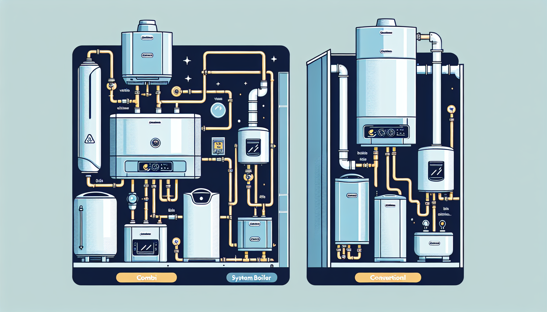 Side-by-side illustration of combi, system, and conventional boiler types