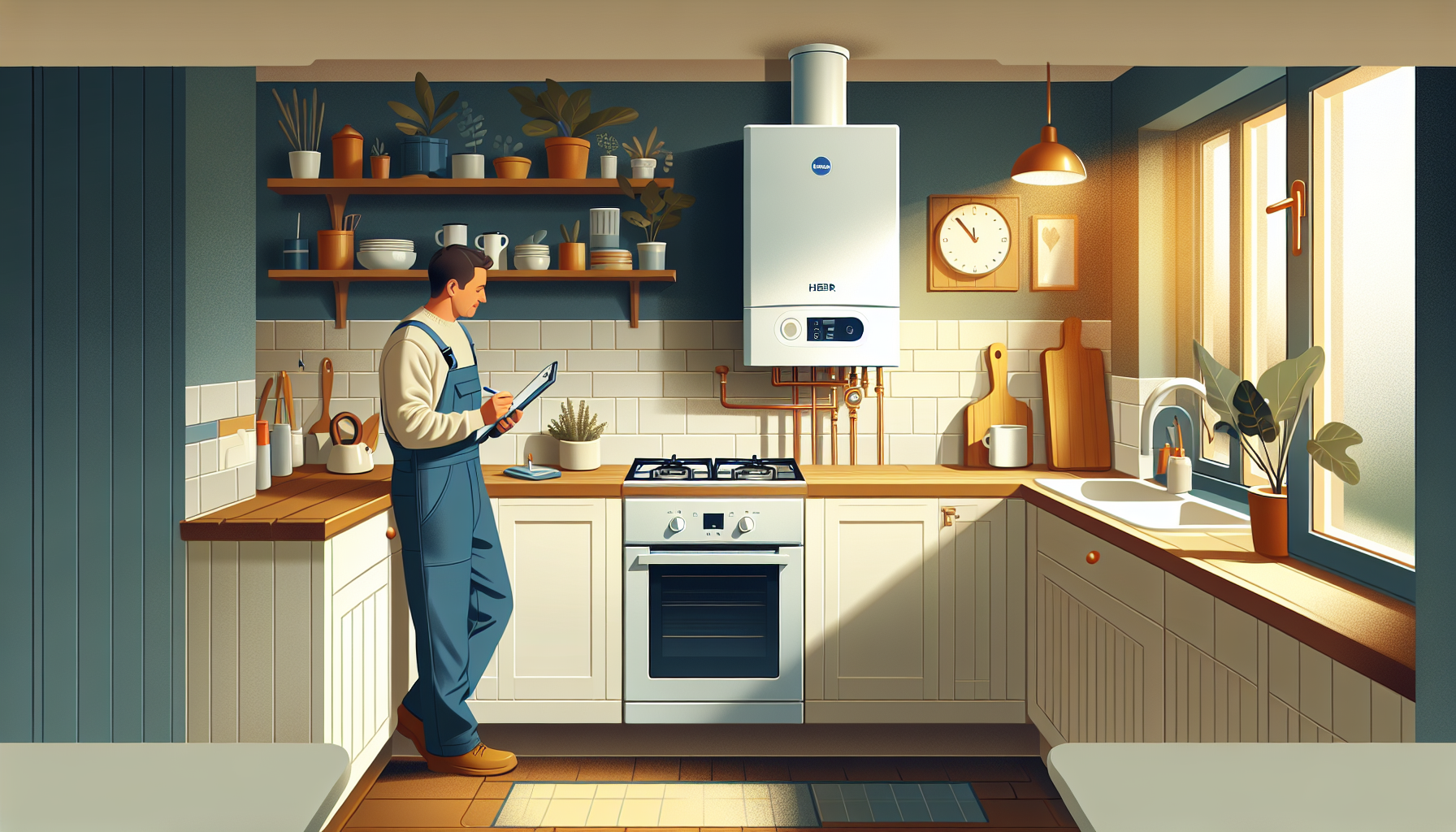 Gas Safe engineer servicing a combi boiler in a warm kitchen